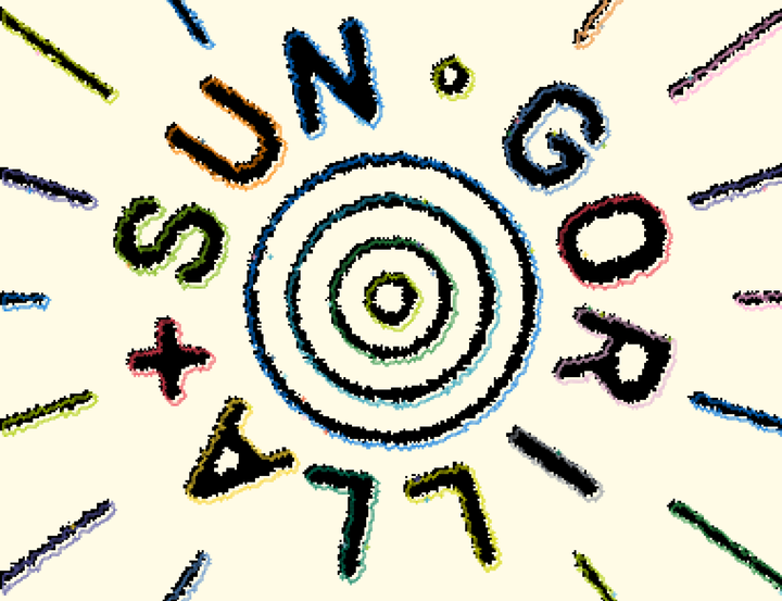 Circular sketch showing pixelized letters that form the words Gorilla Sun